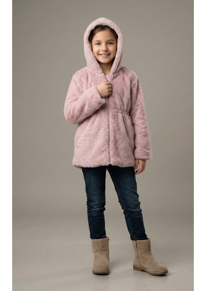 Kız Çocuk Beli Lastikli Kapüşonlu Astarlı Peluş Mont