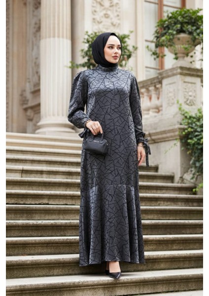 Desenli Antrasit Tesettür Saten Elbise 4457ANT indirimleri