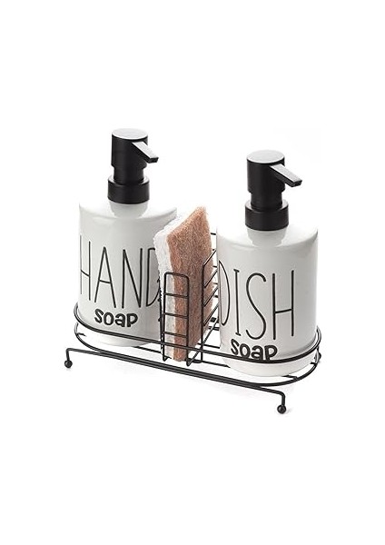 Meturas 2'li Sıvı Sabunluk ve Bulaşık Deterjanlık Seti, 500 Ml, Metal Stand ve Sünger Tutuculu, Siy