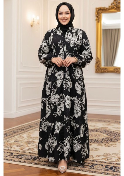 Çiçek Desenli Siyah Viskon Tesettür Elbise 23588S fırsatları