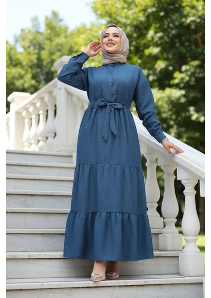 Kat Piliseli Indigo Mavisi Tesettür Elbise 61621IM fırsatları