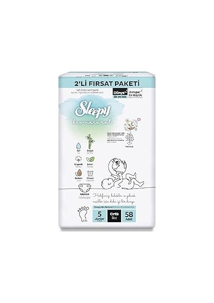 Sleepy Bio 2'li Fırsat Paketi Bebek Bezi 5 Numara Junior 58 Adet Cırtlı Bez