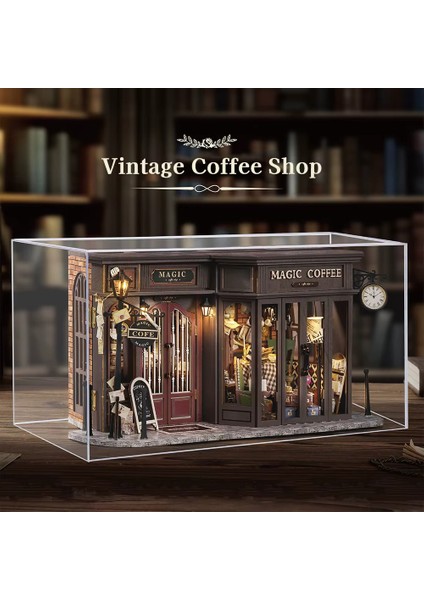 Vintage Coffee Shop - Book Nook Sihirli Kütüphane Kiti - 3D Ahşap Puzzle Dollhouse - Dıy Minyatür Kitaplık Dekorasyonu Maket Seti (F41B) - Vintage Kahve Dükkanı