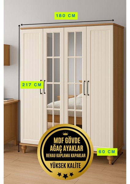 Nefes 4 Kapaklı Dolap | MDF Gövde | Ağaç Ayaklar | Geniş Depolama Alanı Sunan Modern ve Dayanıklı Dolap Tasarımı fiyatları