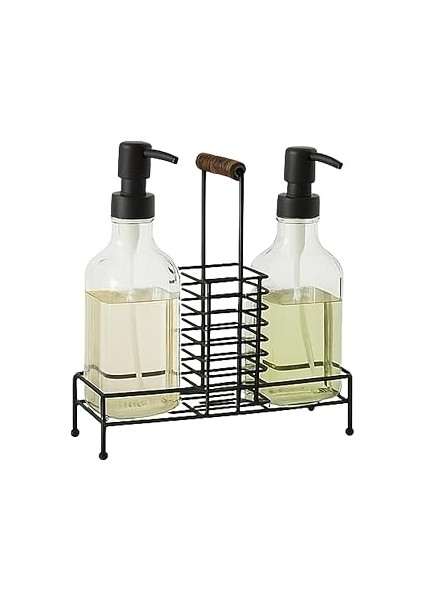 2'li Cam Dispenser Seti – Metal Taşıyıcılı Sıvı Sabun & Pompa Şişeleri, Endüstriyel Mutfak