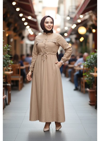 Düğmeli Bisküvi Tesettür Elbise 17131BS indirimleri
