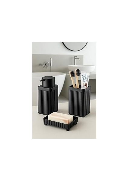Lines Serisi Siyah Banyo Seti, 3 Parça Diş Fırçalık, Sıvı Sabunluk, Katı Sabunluk Aksesuar Takımı -