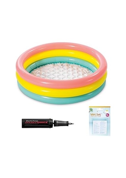 Şişme Yumuşak Tabanlı Renkli 3 Boğumlu Baby Pool Çocuk Bebek HAVUZU,114X25 cm ve Pompa+Yama Set, Po