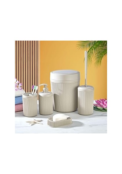 5 Parça Lüx Plastik Banyo Seti - Çöp Kovalı, Diş Fırçalıklı, Sıvı ve Katı Sabunluk F