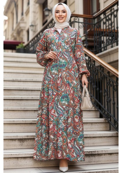 Desenli Turuncu Tesettür Elbise 23585T fırsatları
