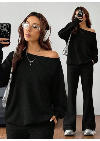 Kadın Uzun Kollu Tek Omuzdan Açık Iki Iplik Bluz ve Pantolon Ikili Takım