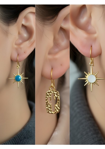 Beyaz Kutup Yıldızı Kaktüs Mavi Kutup Yıldızı Sembol Figürlü 3’lü Kadın Küpe Set