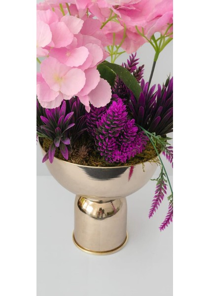 Pembe Ortanca & Mor Lavanta Lüks Metal Saksı Aranjmanı