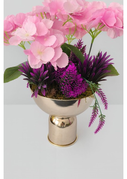 Pembe Ortanca & Mor Lavanta Lüks Metal Saksı Aranjmanı fiyatları
