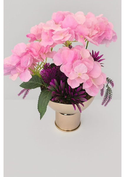 Pembe Ortanca & Mor Lavanta Lüks Metal Saksı Aranjmanı modelleri