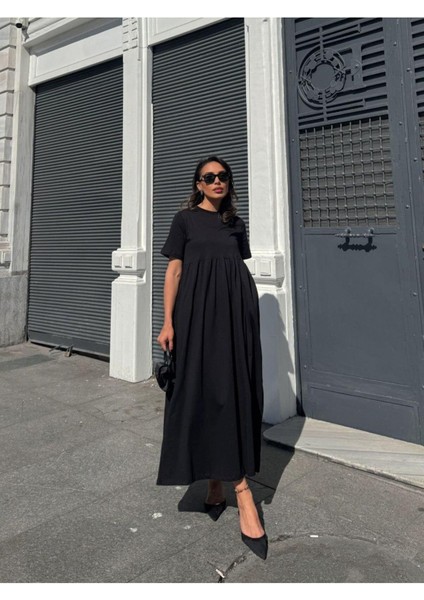 %100 Pamuk Bisiklet Yaka Robalı Uzun Elbise