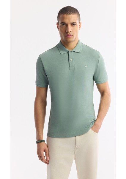 Erkek Mint Yeşil Kıvrılmaz Polo Yaka %100 Pamuk Basic Regular Fit T-Shirt B001032