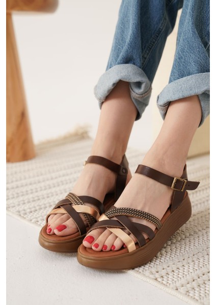 Herry Acı Kahve Altın Detaylı Hakiki Deri Sandalet