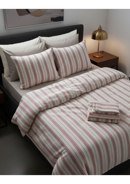 Kırmızı Çizgli Keten Nevresim Takımı Çift Kişilik