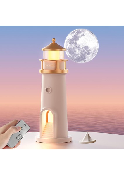 Deniz Feneri Ay Projeksiyonlu Bluetooth Hoparlörlü 3 Kademeli Kablosuz Masa Gece Lambası