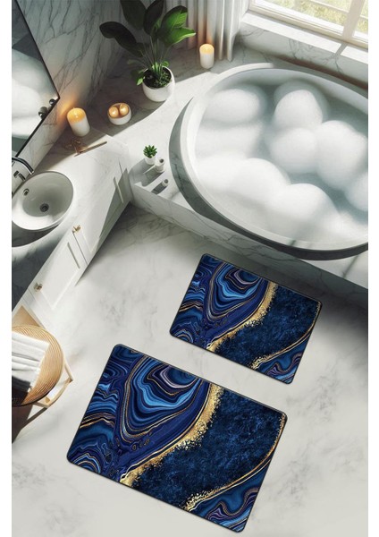 Yıkanabilir Kaymaz Tabanlı Modern Desenli 2'li Banyo Paspas Takımı BPS0017