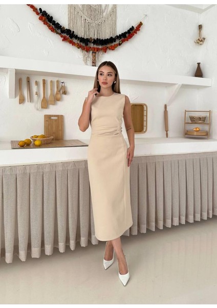 Kolsuz Kısa Kemer Detaylı Bej Midi Boy Kadın Elbise fiyatları