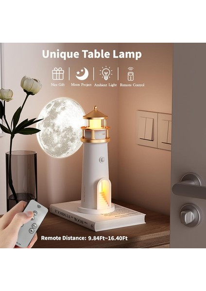 Deniz Feneri Ay Projeksiyonlu Bluetooth Hoparlörlü 3 Kademeli Kablosuz Masa Gece Lambası fırsatları