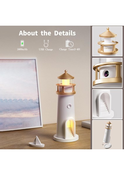 Deniz Feneri Ay Projeksiyonlu Bluetooth Hoparlörlü 3 Kademeli Kablosuz Masa Gece Lambası