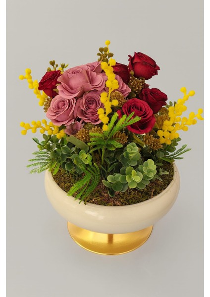 Ayaklı Krem Gold Saksıda Gül & Mimoza Aranjmanı fırsatları