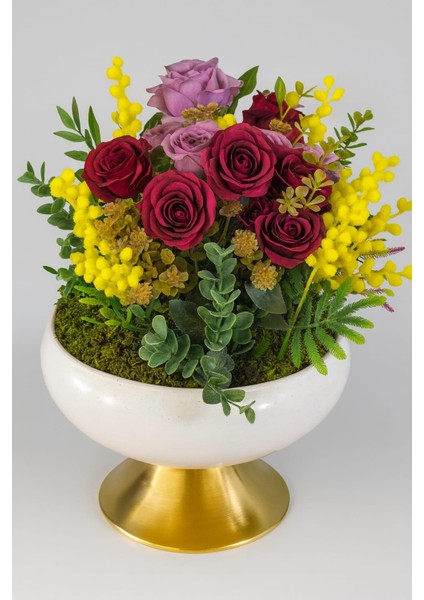 Ayaklı Krem Gold Saksıda Gül & Mimoza Aranjmanı indirimleri