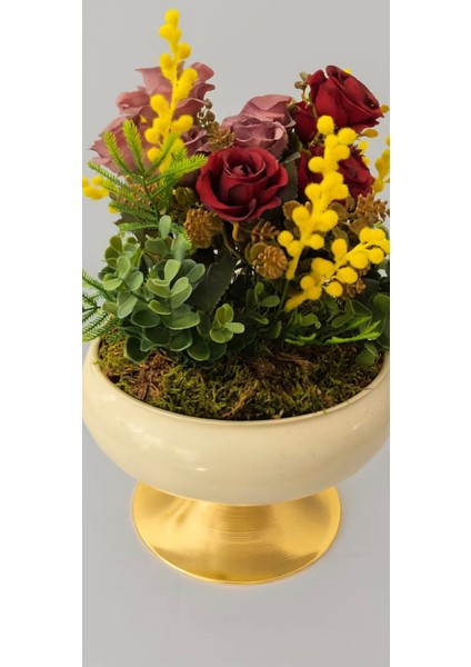 Ayaklı Krem Gold Saksıda Gül & Mimoza Aranjmanı