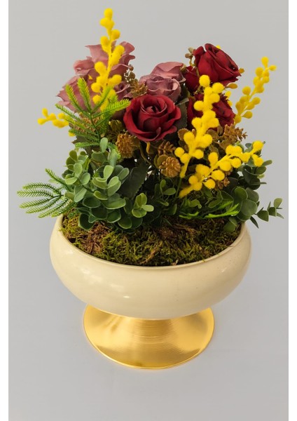 Ayaklı Krem Gold Saksıda Gül & Mimoza Aranjmanı