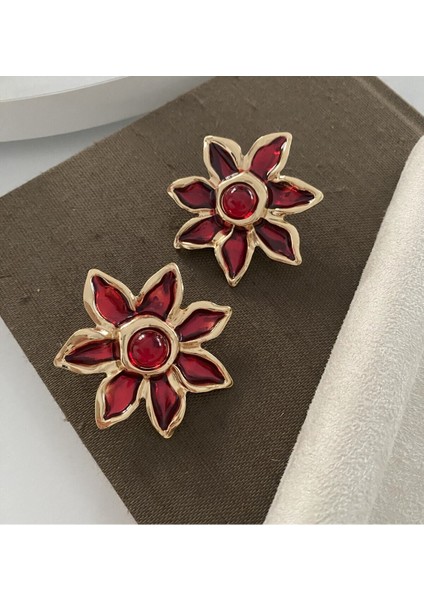 Çelik Kırmızı Tasarım Çiçek Küpe , Leyla Küpesi , Leyla Dizisi Çiçek Küpe