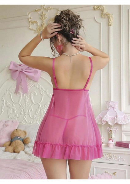 Arias Closet Fuşya Dantel Işlemeli Göğüs Dekolteli Fiyonklu Fantezi String Tül Gecelik Takımı fiyatları