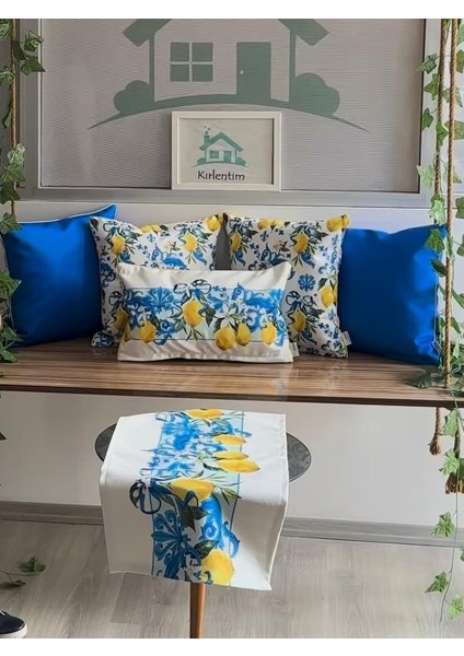 E756-H123-DÜZ Limon Kırlent Runner 6lı Kombin Set