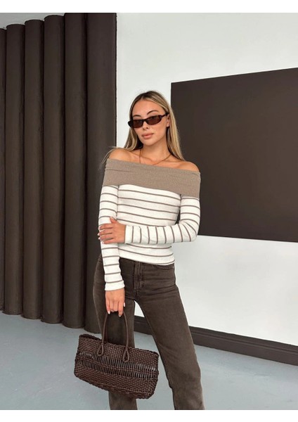 Çizgili Madonna Yaka Kaşkorse Bluz Bej A844