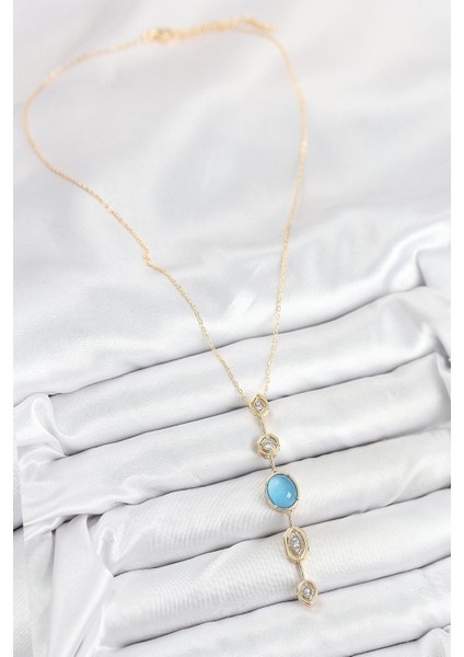 Pirinç Zincir Mavi Gold Renk Zirkon Taşlı Y Kolye fiyatları