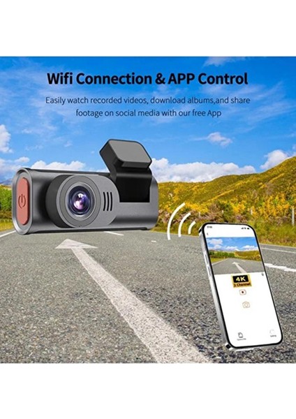 4K Wifi Çift Kameralı Araç Kamerası Gece Görüşlü G-Sensörlü Dash Cam 170 Derece fırsatları