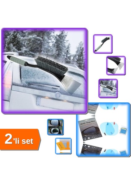 Kar Temizleme Fırçası Süpürgesi - Buz Kazıyıcı Araç Camı + Ayna Buğu Önleyici Film - 2li Set K7MT2Q
