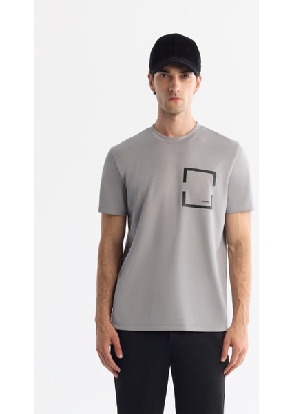Erkek Gri Bisiklet Yaka Baskılı Elastan Regular Fit T-Shirt A42Y1020