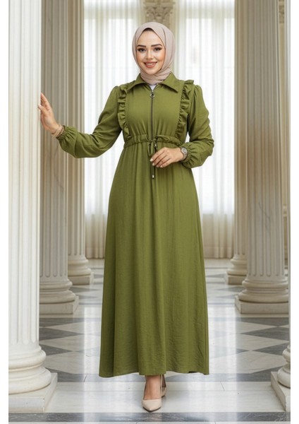 Fermuarlı Yağ Yeşili Tesettür Elbise 17021YY fırsatları