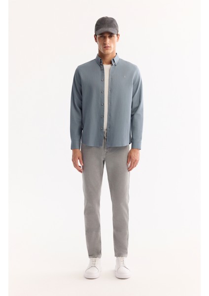 Erkek Petrol Mavi Düğmeli Yaka Pamuklu Soft Touch Regular Fit Gömlek B002036