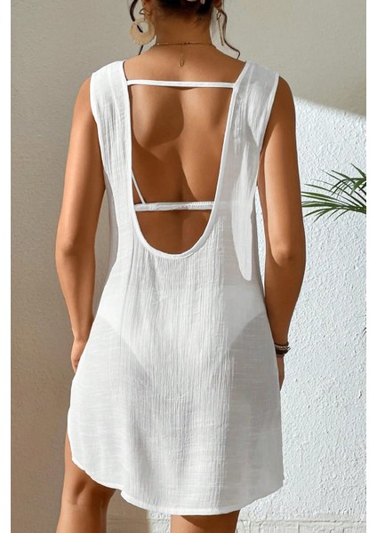 Kadın Beyaz Sırt Detaylı Yırtmaçlı Plaj Elbisesi Pareo modelleri