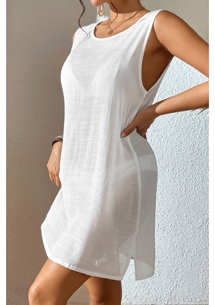 Kadın Beyaz Sırt Detaylı Yırtmaçlı Plaj Elbisesi Pareo indirimleri