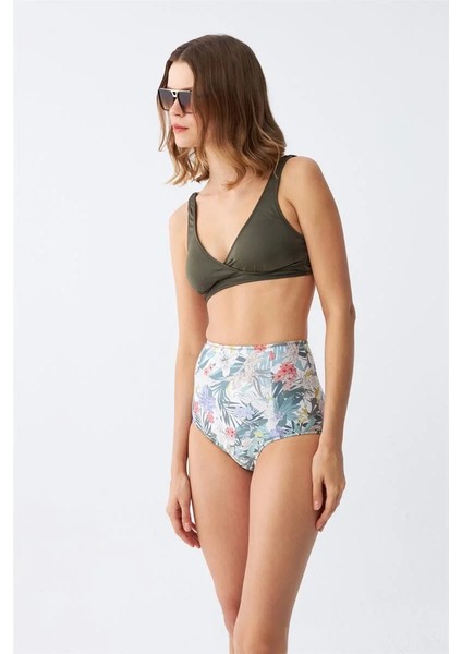 Kadın Haki Pedli Üst ve Yüksek Bel Çiçek Desenli Bikini Takımı fırsatları