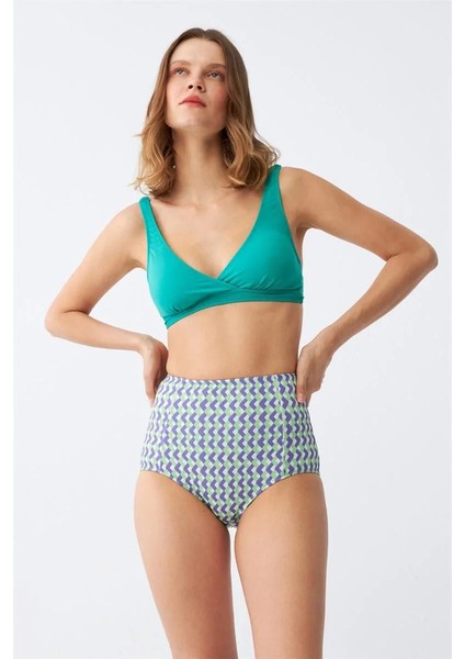 Kadın Yeşil Pedli Geometrik Desenli Yüksek Bel Bikini Takımı fırsatları