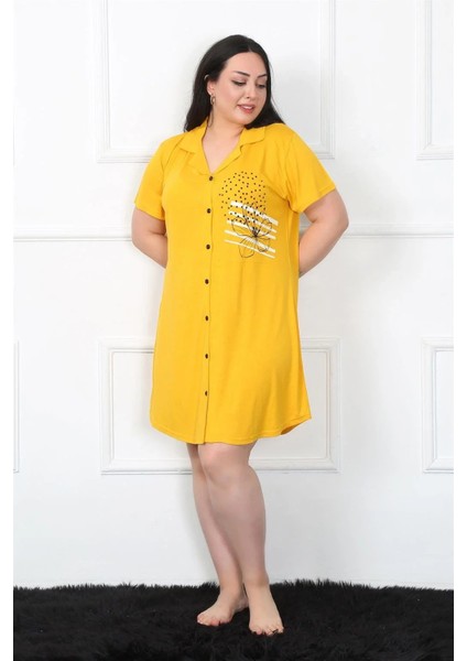 Büyük Beden Penye Düğmeli Sarı Tunik Gecelik modelleri