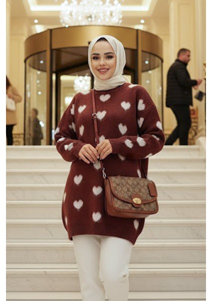 Kalp Desenli Kahverengi Tesettür Triko Kazak Tunik 8688KH fırsatları
