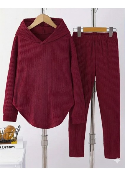 Kadın Uzun Kollu Kapşonlu Meloni Bluz ve Pantolon Ikili Takım