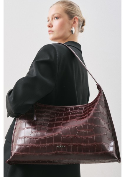 Dokulu Deri Omuz Çantası Bordo